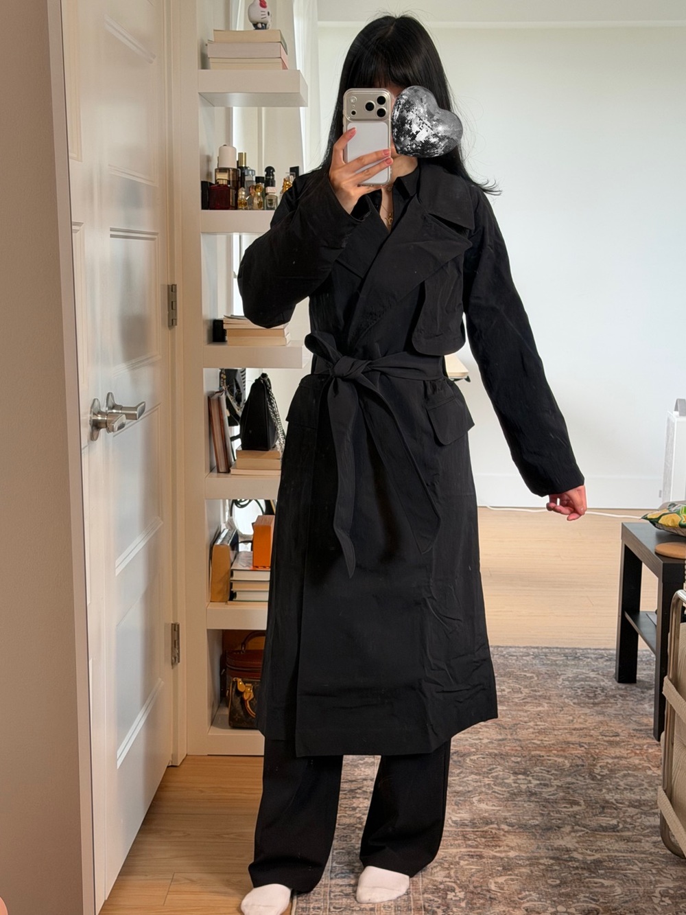 Lululemon Classic Black Long Trench Coat with Waist Tie
